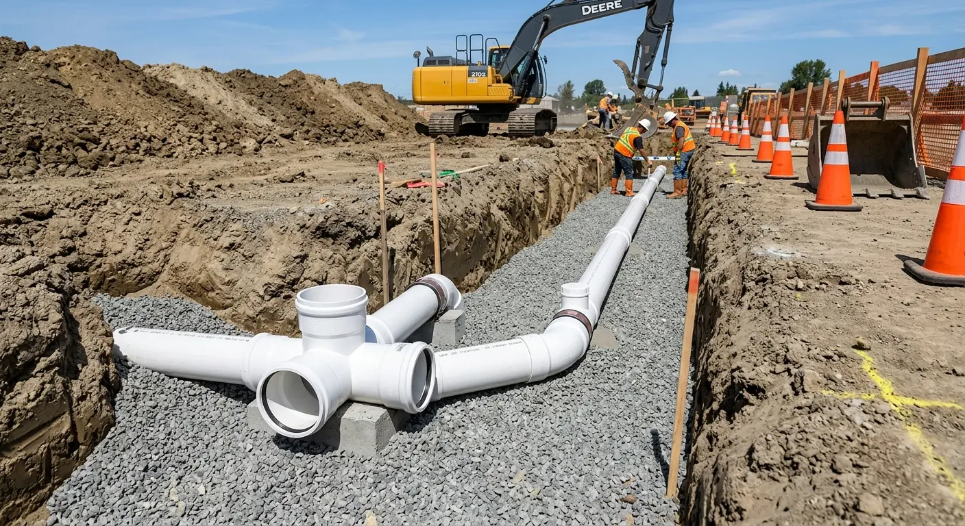 New PVC sewer pipe installation in open trench for Commercial Drain Cleaning in Dale City