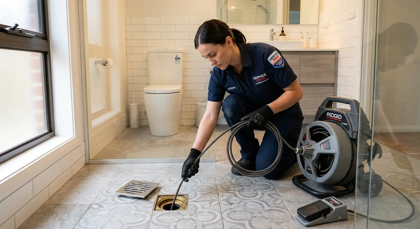 Technician clearing a bathroom floor drain for Sewer Line Installation in Dale City